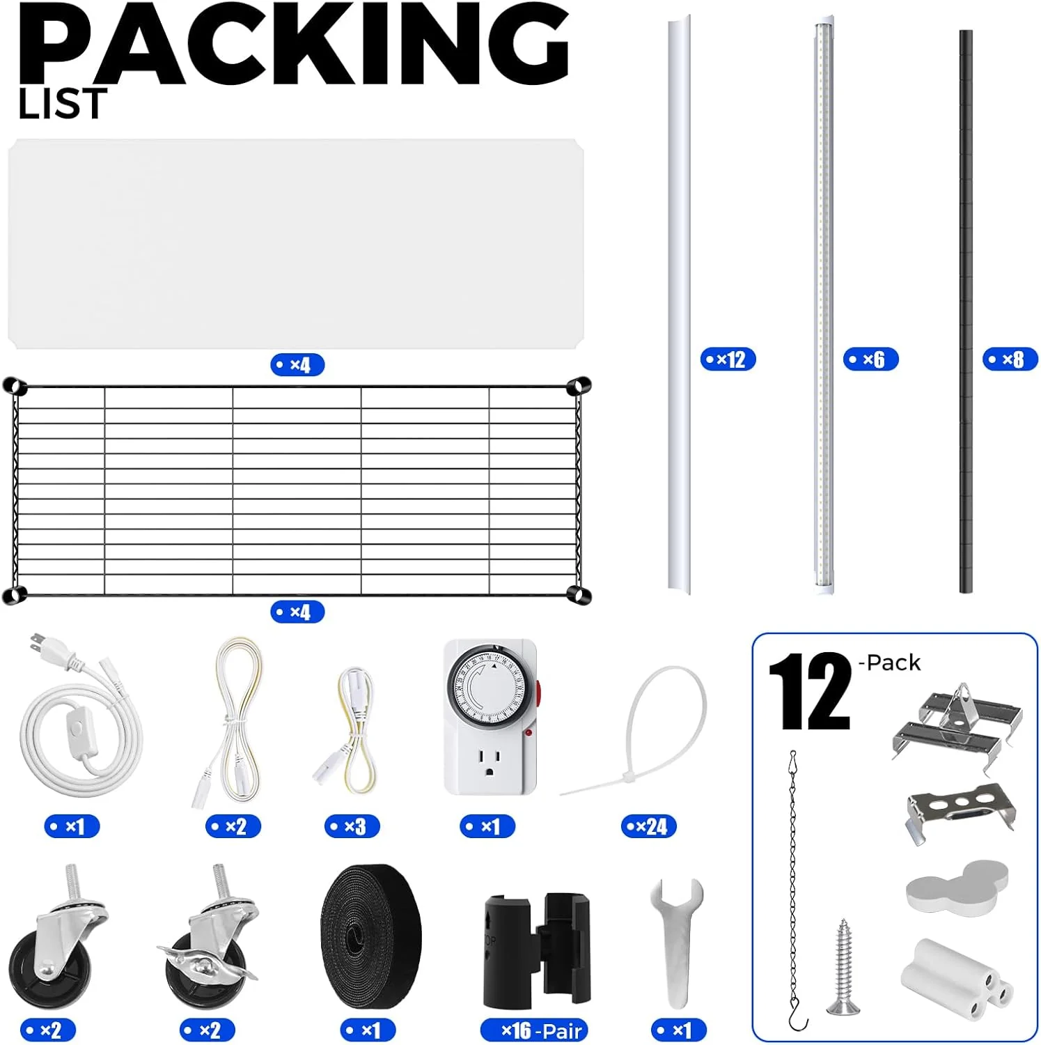 Barrina 4-Tier Plant Stand with 6-Pack T8 30W LED Grow Lights 3FT 5000K | Full Spectrum & Timer | QI30 - Image 8
