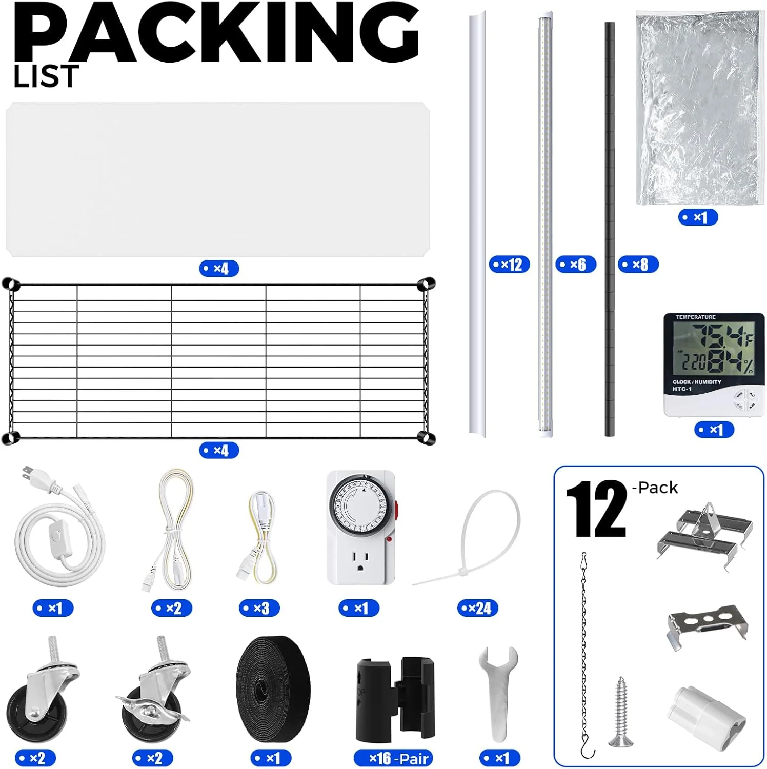 Barrina 4-Tier Plant Stand with 6-Pack T8 30W LED Grow Lights 3FT 5000K | Full Spectrum, Tent, Thermo-Hygrometer & Timer | QI30 - Image 9