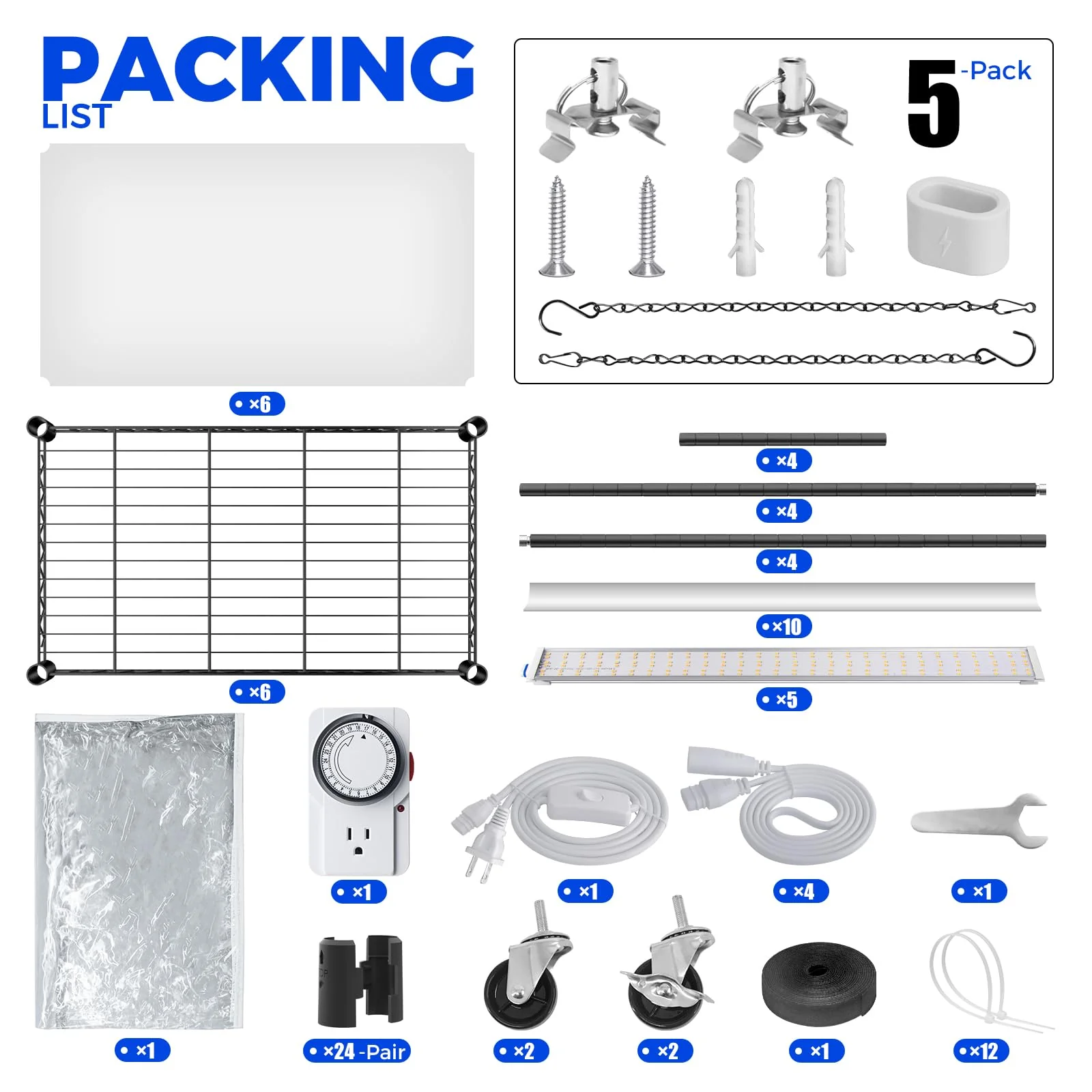 Barrina 6-Tier Plant Stand with 5-Pack T5 30W LED Grow Lights 2FT 3-Spectrum | Full Spectrum, Tent & Timer | WF30 - Image 9