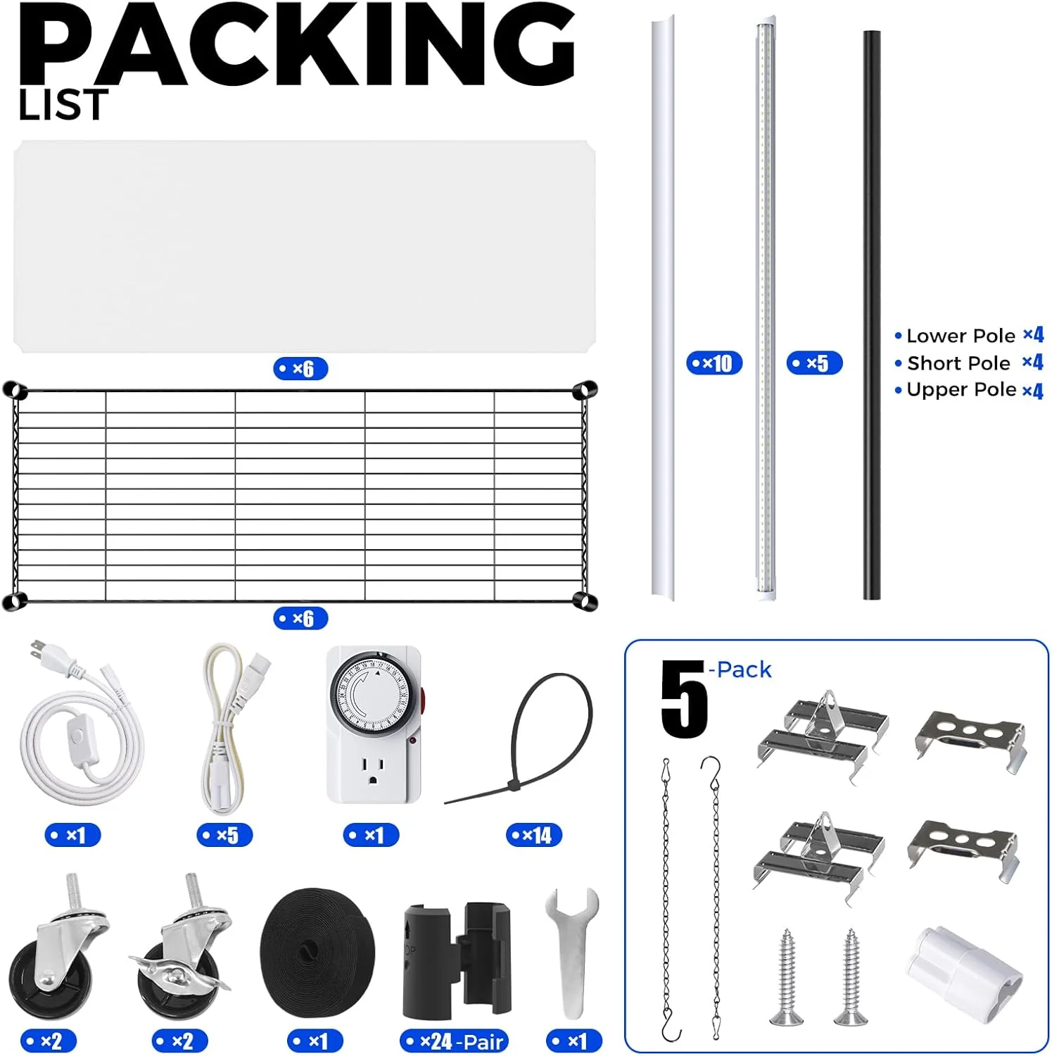 Barrina 6-Tier Plant Stand with 5-Pack T8 30W LED Grow Lights 3FT Yellow Light | Full Spectrum & Timer | QI30 - Image 9