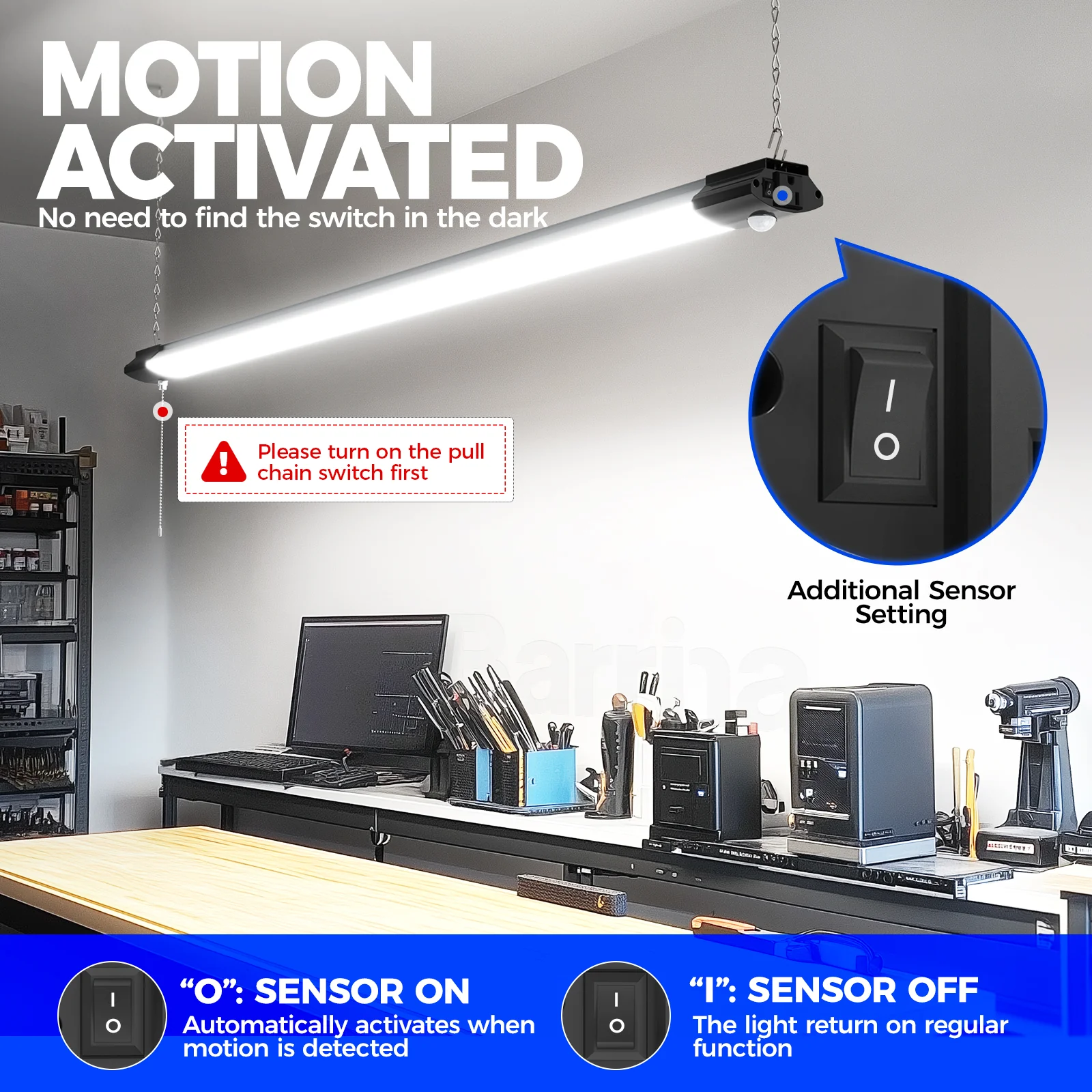 Barrina 84W LED Shop Lights 4FT 5000K 10000LM | Motion Sensor, Hanging, Linkable & Power Plug Cords | BS84 - Image 3