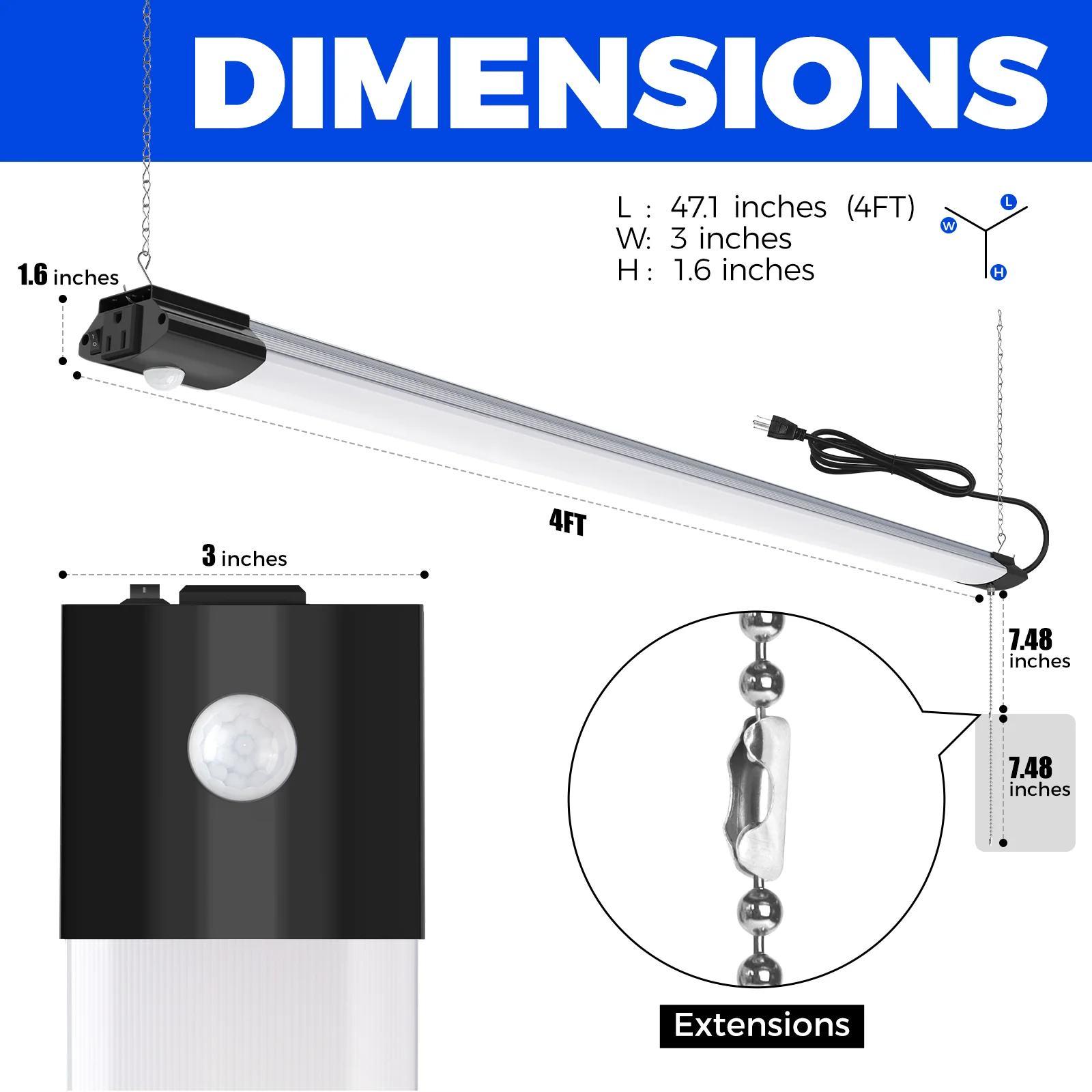 Barrina 84W LED Shop Lights 4FT 5000K 10000LM | Motion Sensor, Hanging, Linkable & Power Plug Cords | BS84 - Image 7